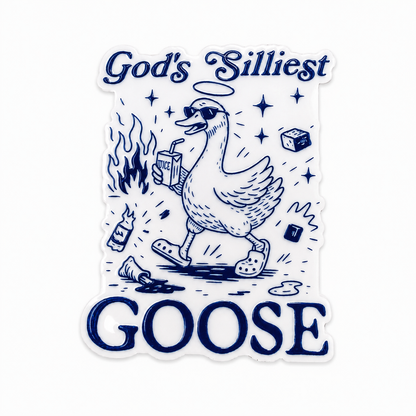 God's Silliest Goose plastic add-on featuring a goofy goose wearing sunglasses and carrying a juice box, compatible with interchangeable badge reel bases, funny goose lover accessory