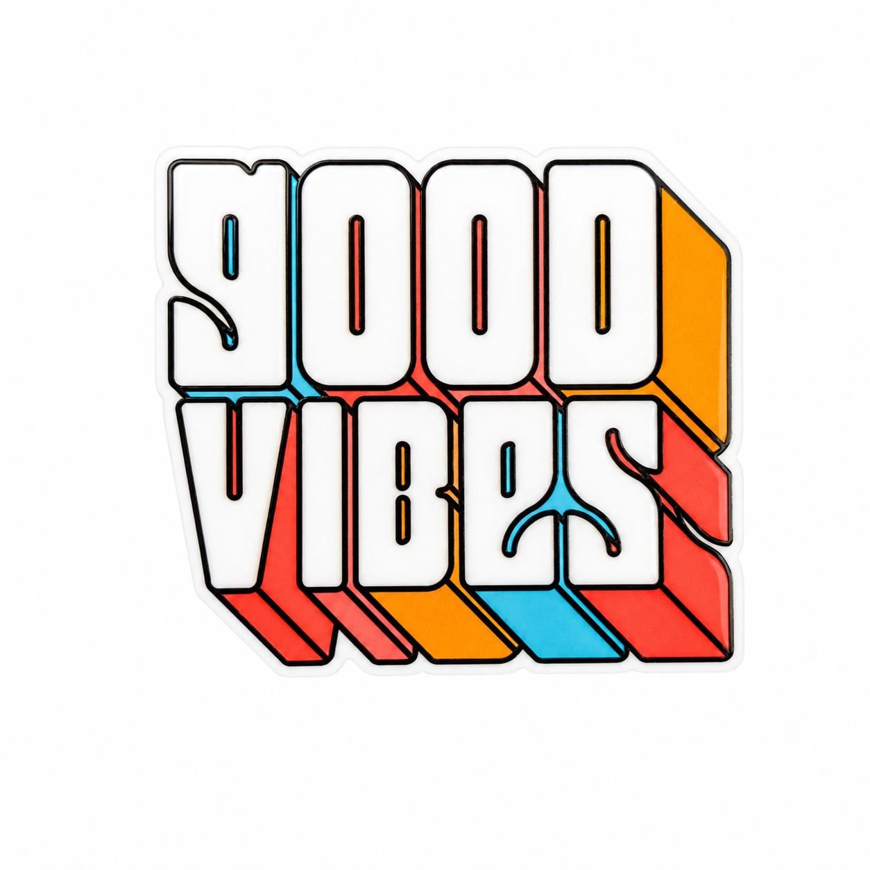 GOOD VIBES plastic add-on with retro colorful stripe design and bold lettering, compatible with interchangeable badge reel bases and positive vibes accessories.
