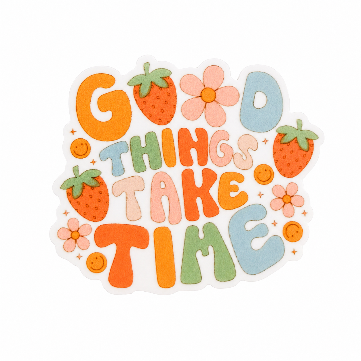 GOOD THINGS TAKE TIME plastic add-on with strawberries, flowers, and smiley faces, compatible with interchangeable badge reel bases.