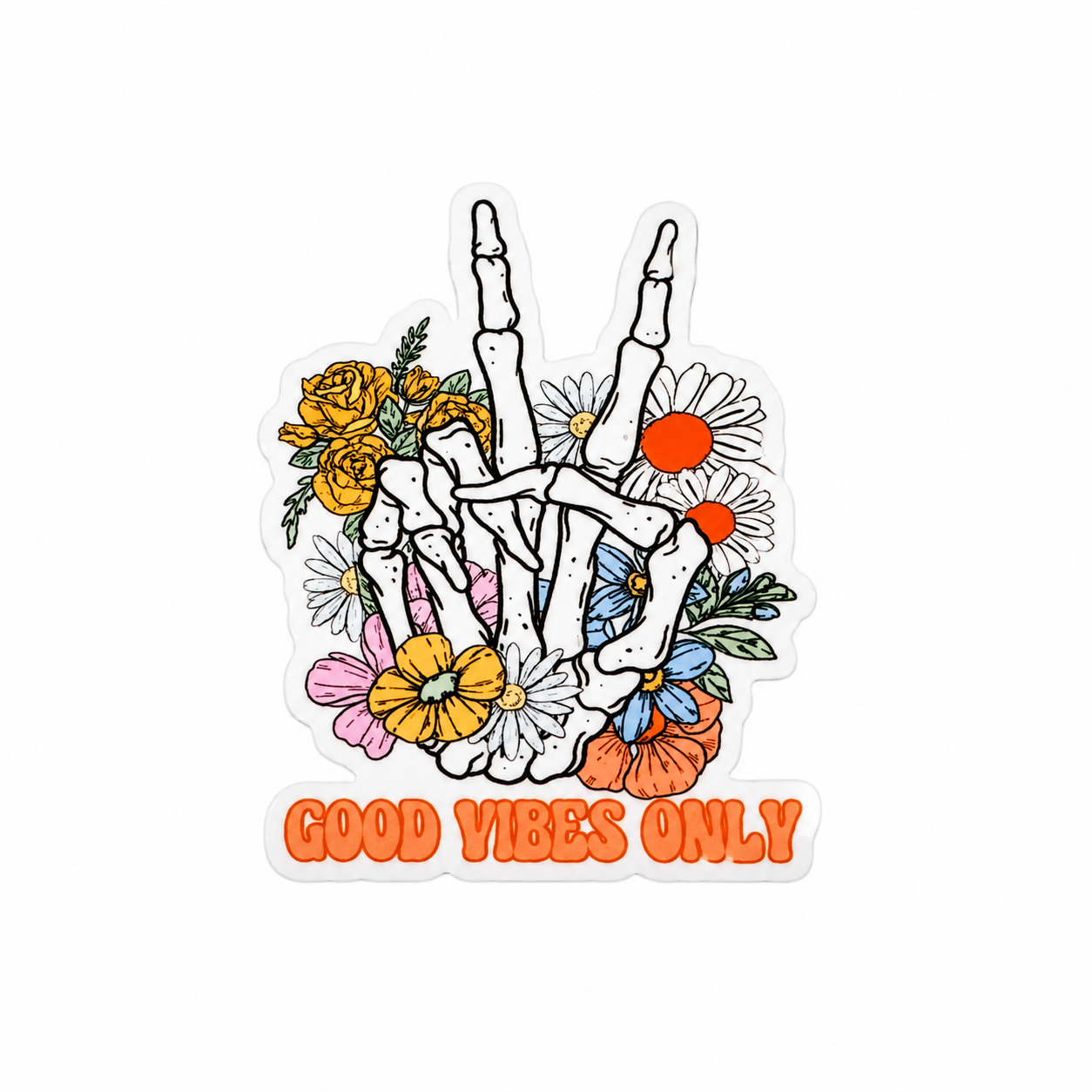 GOOD VIBES ONLY plastic add-on with floral skeleton peace sign hand, compatible with interchangeable badge reel bases, positive vibes accessory.
