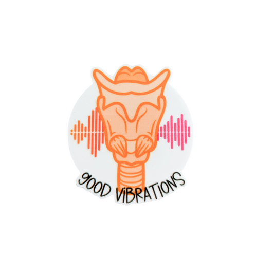 Good Vibrations plastic add-on featuring an anatomical larynx with colorful sound wave graphics, compatible with interchangeable badge reel bases, perfect for Speech Language Pathologists and speech therapy professionals.