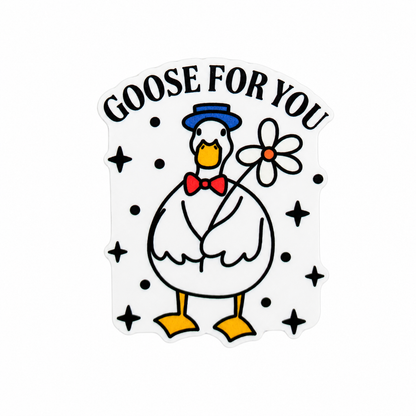 Goose For You plastic add-on featuring a cute goose wearing a blue hat and red bow tie while holding a flower, compatible with interchangeable badge reel bases.