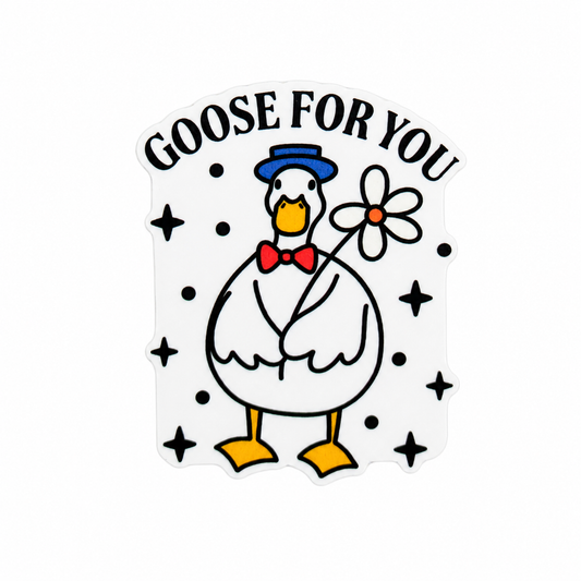 Goose For You plastic add-on featuring a cute goose wearing a blue hat and red bow tie while holding a flower, compatible with interchangeable badge reel bases.