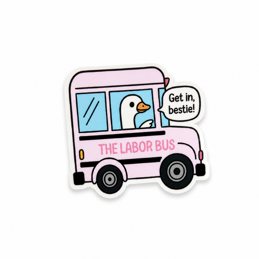 Goose Labor Bus plastic add-on with pink labor bus and goose design for compatible interchangeable badge reel bases