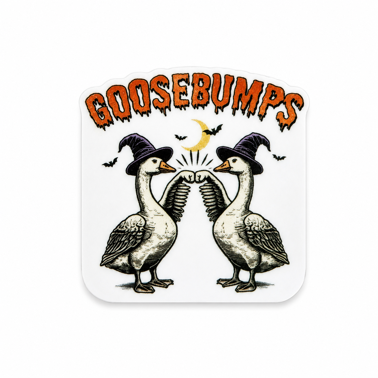 Plastic add-on featuring two geese wearing witch hats with the text GOOSEBUMPS, compatible with interchangeable badge reel bases and perfect for Halloween lovers.