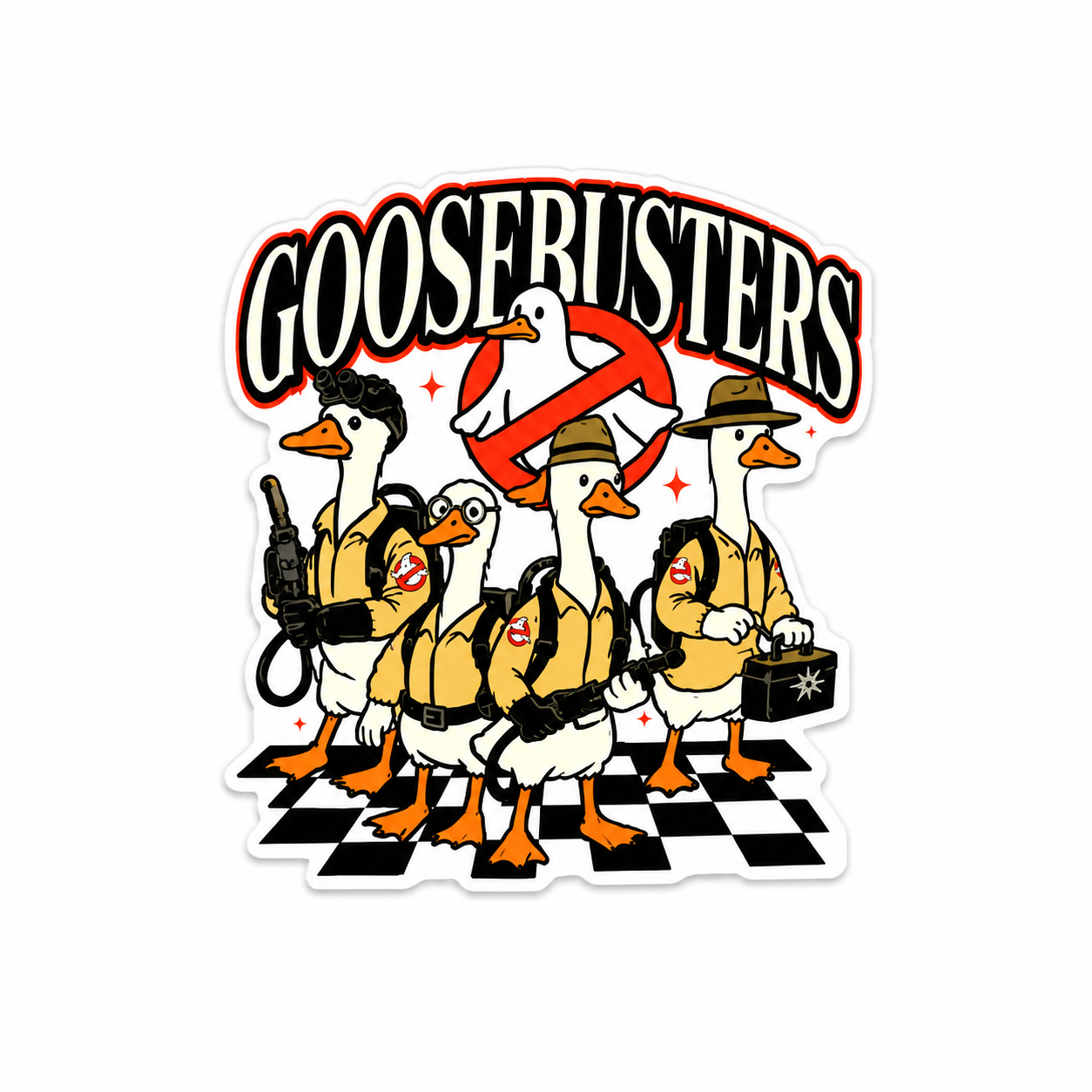Funny Gooserusters plastic add-on featuring geese in spooky ghost-hunting outfits with Halloween aesthetic compatible with interchangeable badge reel bases for nurses and healthcare workers.