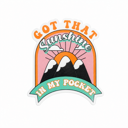 GOT THAT Sunshine IN MY POCKET plastic add-on with pastel mountain and sun design, compatible with interchangeable badge reel bases for sunshine accessory style.