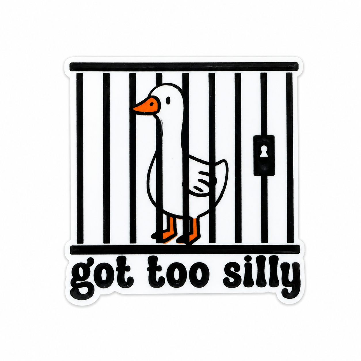 Plastic add-on featuring a goose behind jail bars with the phrase "got too silly," compatible with interchangeable badge reel bases, funny goose lover accessory and cute animal badge topper.