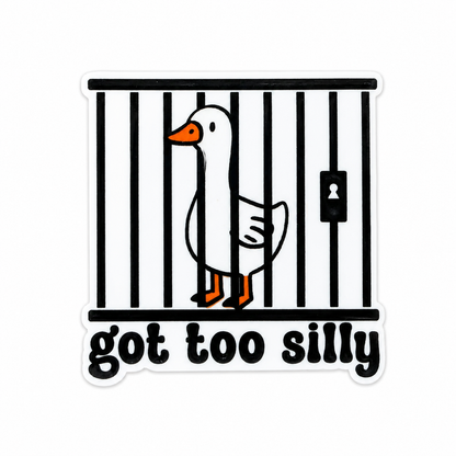 Plastic add-on featuring a goose behind jail bars with the phrase "got too silly," compatible with interchangeable badge reel bases, funny goose lover accessory and cute animal badge topper.