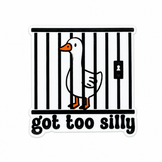 Plastic add-on featuring a goose behind jail bars with the phrase "got too silly," compatible with interchangeable badge reel bases, funny goose lover accessory and cute animal badge topper.