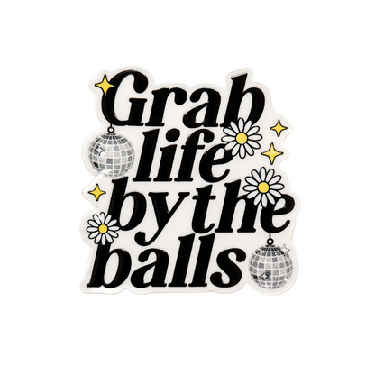 Grab Life by the Balls plastic add-on for compatible interchangeable badge reel bases with disco ball and floral design

