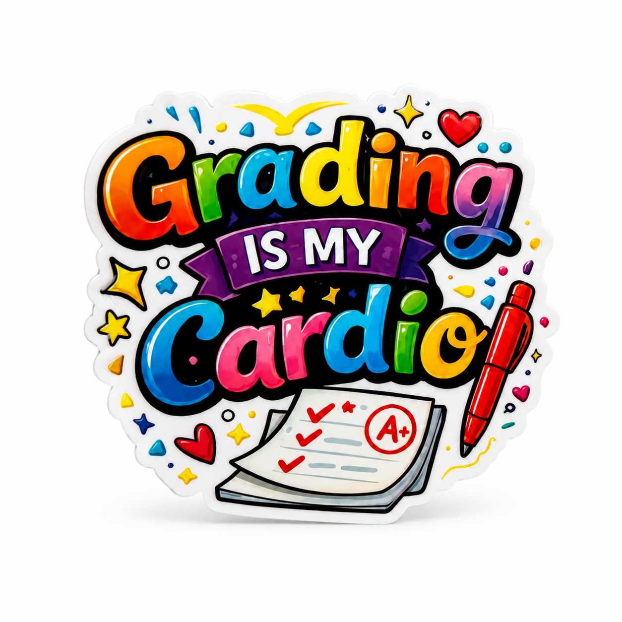Grading IS MY Cardio plastic add-on with colorful lettering, an A+ graded paper, and red pen, a teacher grading accessory compatible with interchangeable badge reel bases.