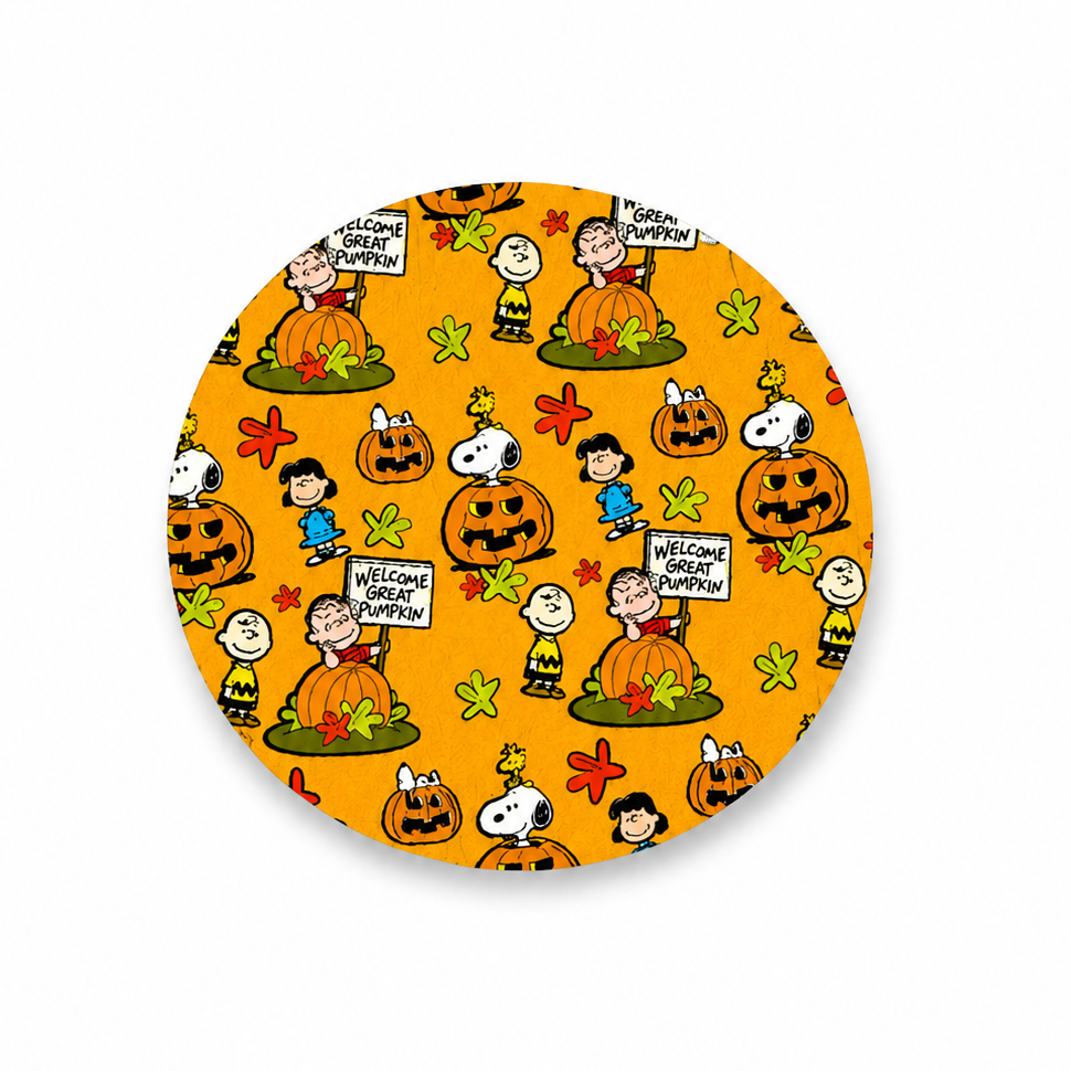 Great Pumpkin hard board add-on featuring Peanuts-inspired characters, Snoopy, Woodstock, pumpkins, fall leaves, and compatible with interchangeable badge reel bases.
