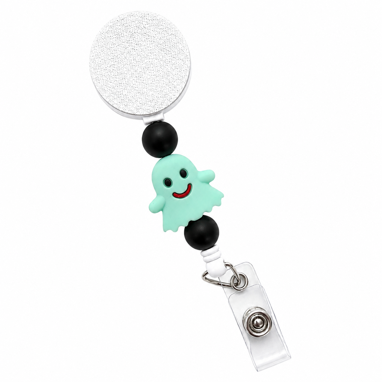 Green Ghost badge reel featuring a smiling mint green ghost with black decorative beads, a retractable badge reel, and secure badge holder attachment for Halloween workwear.