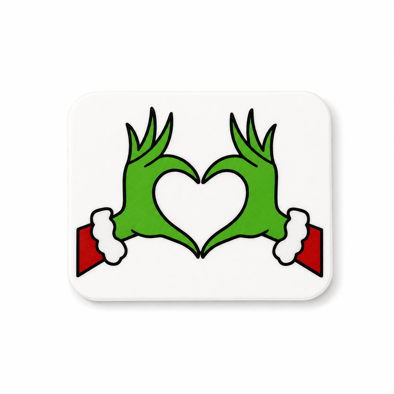 Grinch inspired holiday plastic add-on with green heart hands for compatible interchangeable badge reel bases