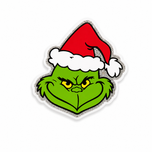 Grinch inspired Christmas plastic add-on with Santa hat for compatible interchangeable badge reel bases