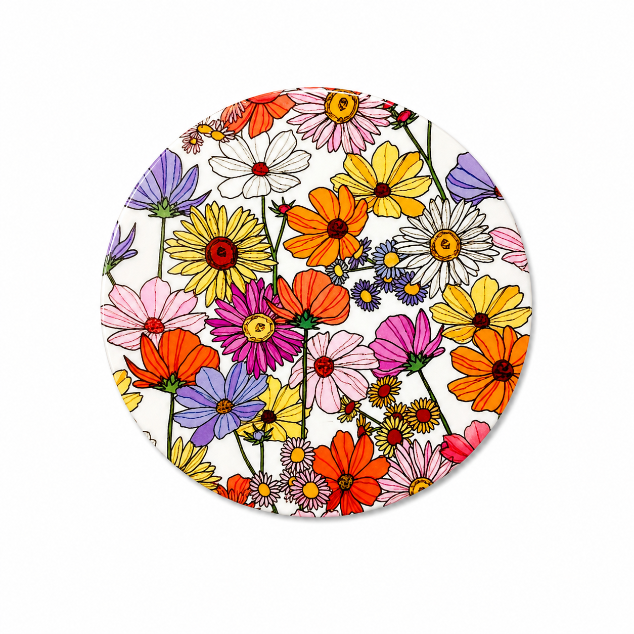 Colorful wildflower hard board add-on featuring orange, pink, purple, yellow, red, and white flowers, compatible with interchangeable badge reel bases.