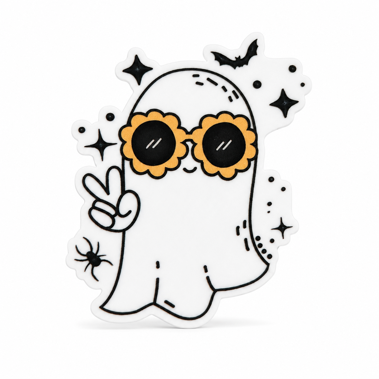 Cute ghost plastic add-on with orange flower sunglasses, a peace sign, bat, spider, and sparkles, compatible with interchangeable badge reel bases.