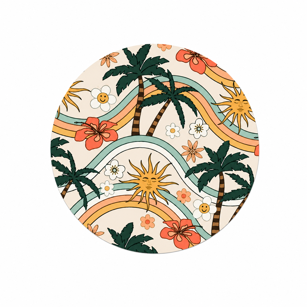 Tropical palm rainbow hard board add-on featuring palm trees, smiling suns, hibiscus flowers, daisies, and retro rainbows, compatible with interchangeable badge reel bases.