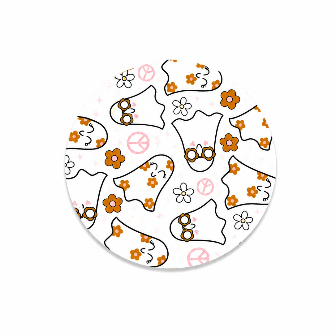 Groovy Pink Ghosts hard board add-on featuring floral ghosts, peace signs, daisies, and retro glasses, compatible with interchangeable badge reel bases.