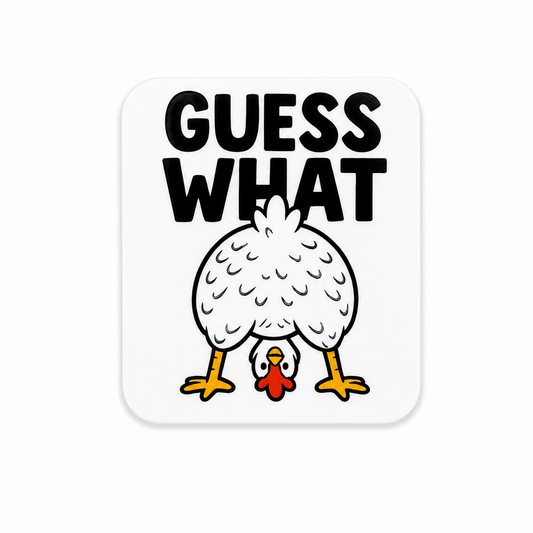 Guess What chicken plastic add-on featuring funny upside-down chicken design compatible with interchangeable badge reel bases for nurses healthcare workers and hospital staff