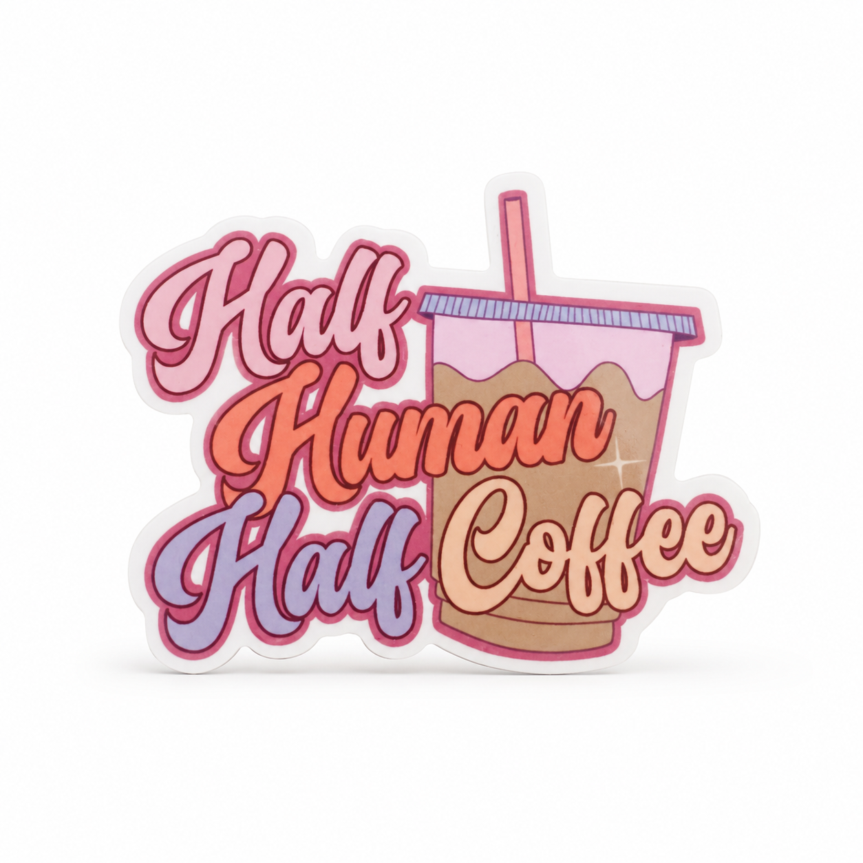 Half Human Half Coffee plastic add-on with a pink and tan iced coffee cup design, compatible with interchangeable badge reel bases for coffee lovers.