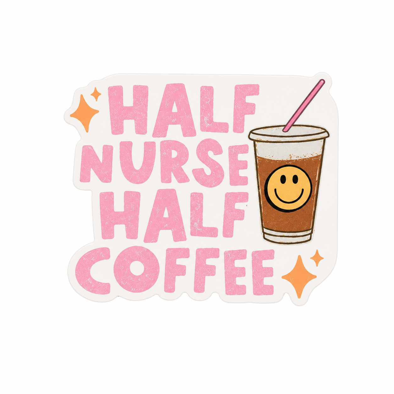 HALF NURSE HALF COFFEE plastic add-on with pink lettering, iced coffee cup, smiley face, and sparkles, compatible with interchangeable badge reel bases.