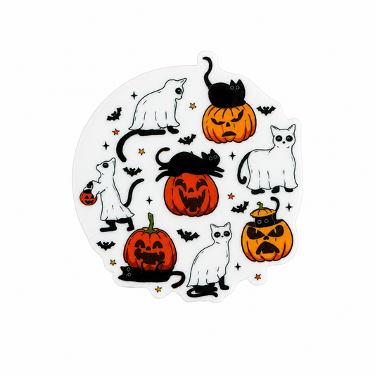 Plastic add-on featuring black and white cats, ghosts, bats, and jack o lantern pumpkins, compatible with interchangeable badge reel bases and perfect for Halloween lovers.