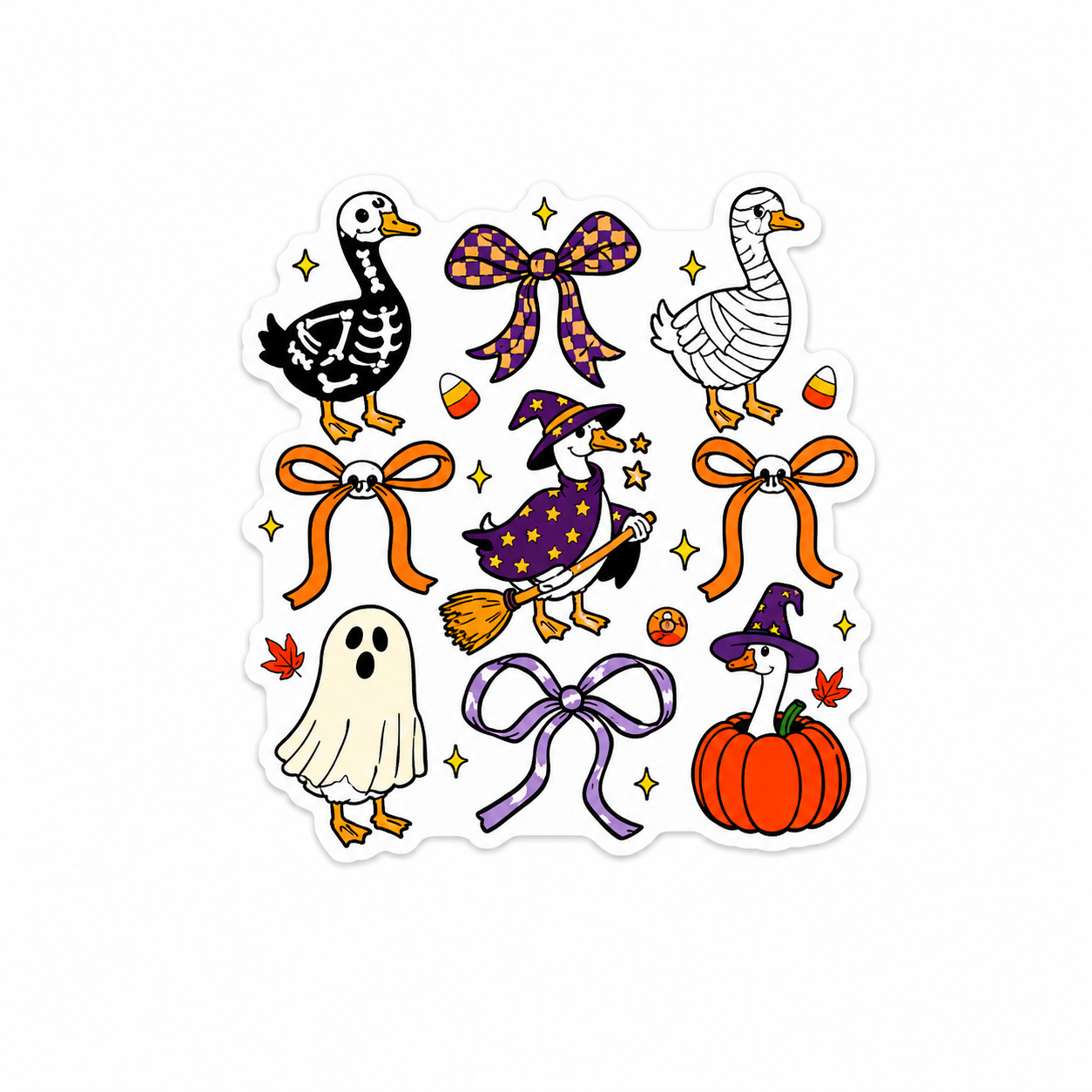 Halloween goose collection plastic add-on featuring spooky ghost, witch, skeleton, and mummy goose designs compatible with interchangeable badge reel bases