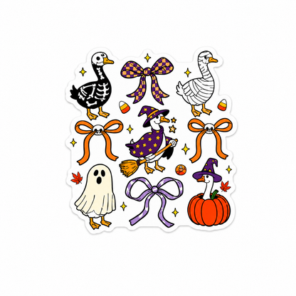 Halloween goose collection plastic add-on featuring spooky ghost, witch, skeleton, and mummy goose designs compatible with interchangeable badge reel bases