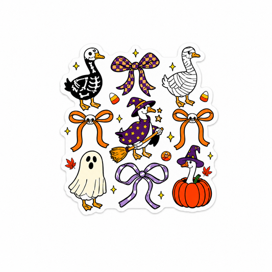 Halloween goose collection plastic add-on featuring spooky ghost, witch, skeleton, and mummy goose designs compatible with interchangeable badge reel bases
