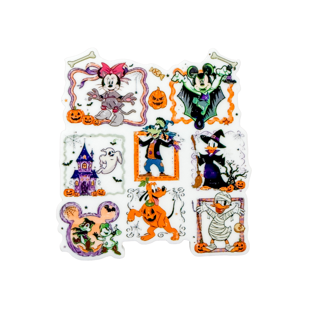 Halloween Mickey And Friends plastic add-on featuring Mickey, Minnie, Pluto, Donald, Daisy, Goofy, pumpkins, ghosts, and a haunted house, compatible with interchangeable badge reel bases.