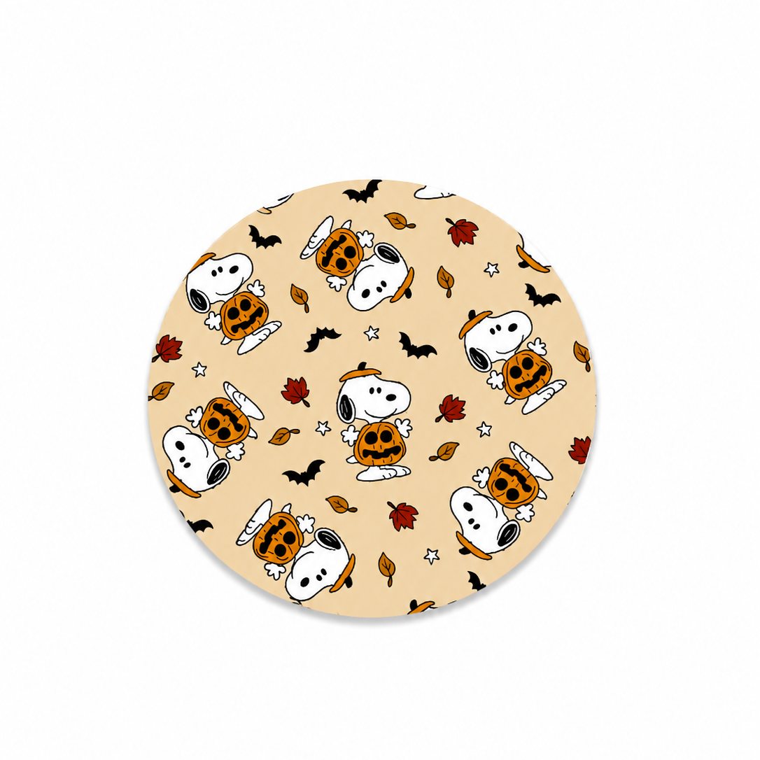 Hard board add-on featuring a Snoopy-inspired dog with a pumpkin bucket, bats, autumn leaves, and stars, compatible with interchangeable badge reel bases.