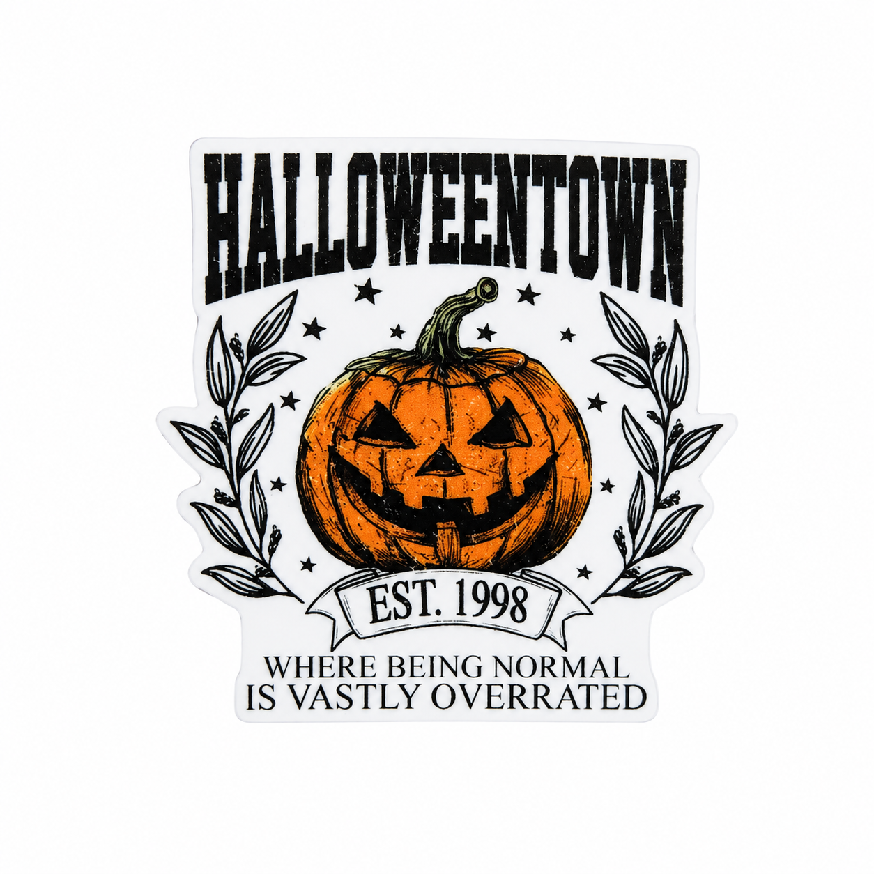 HALLOWEENTOWN EST. 1998 WHERE BEING NORMAL IS VASTLY OVERRATED plastic add-on featuring a vintage jack o lantern pumpkin and leafy accents compatible with interchangeable badge reel bases