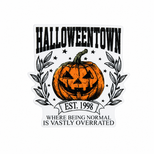 HALLOWEENTOWN EST. 1998 WHERE BEING NORMAL IS VASTLY OVERRATED plastic add-on featuring a vintage jack o lantern pumpkin and leafy accents compatible with interchangeable badge reel bases