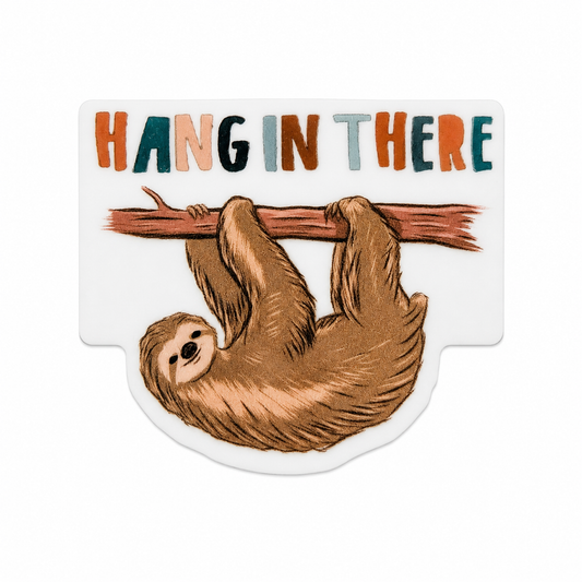 Hang In There plastic add-on with cute sloth hanging from a branch, compatible with interchangeable badge reel bases, sloth lover work badge accessory.