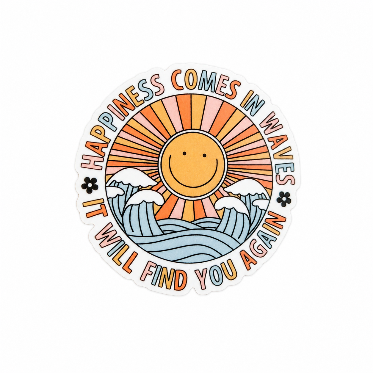 Happiness Comes In Waves It Will Find You Again plastic add-on with smiley sun and ocean waves, compatible with interchangeable badge reel bases.