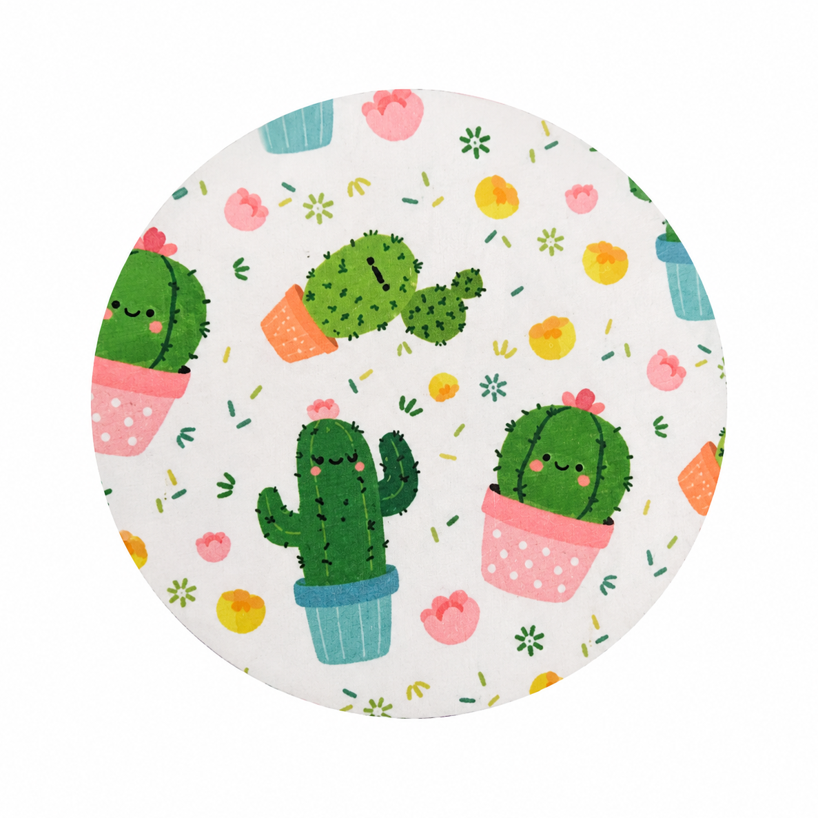 Hard board add-on featuring smiling potted cacti, pink hearts, and floral accents for compatible interchangeable badge reel bases.