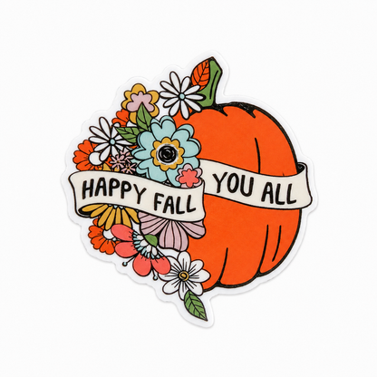 Happy Fall You All plastic add-on featuring a floral pumpkin design, compatible with interchangeable badge reel bases, cute fall seasonal accessory topper.