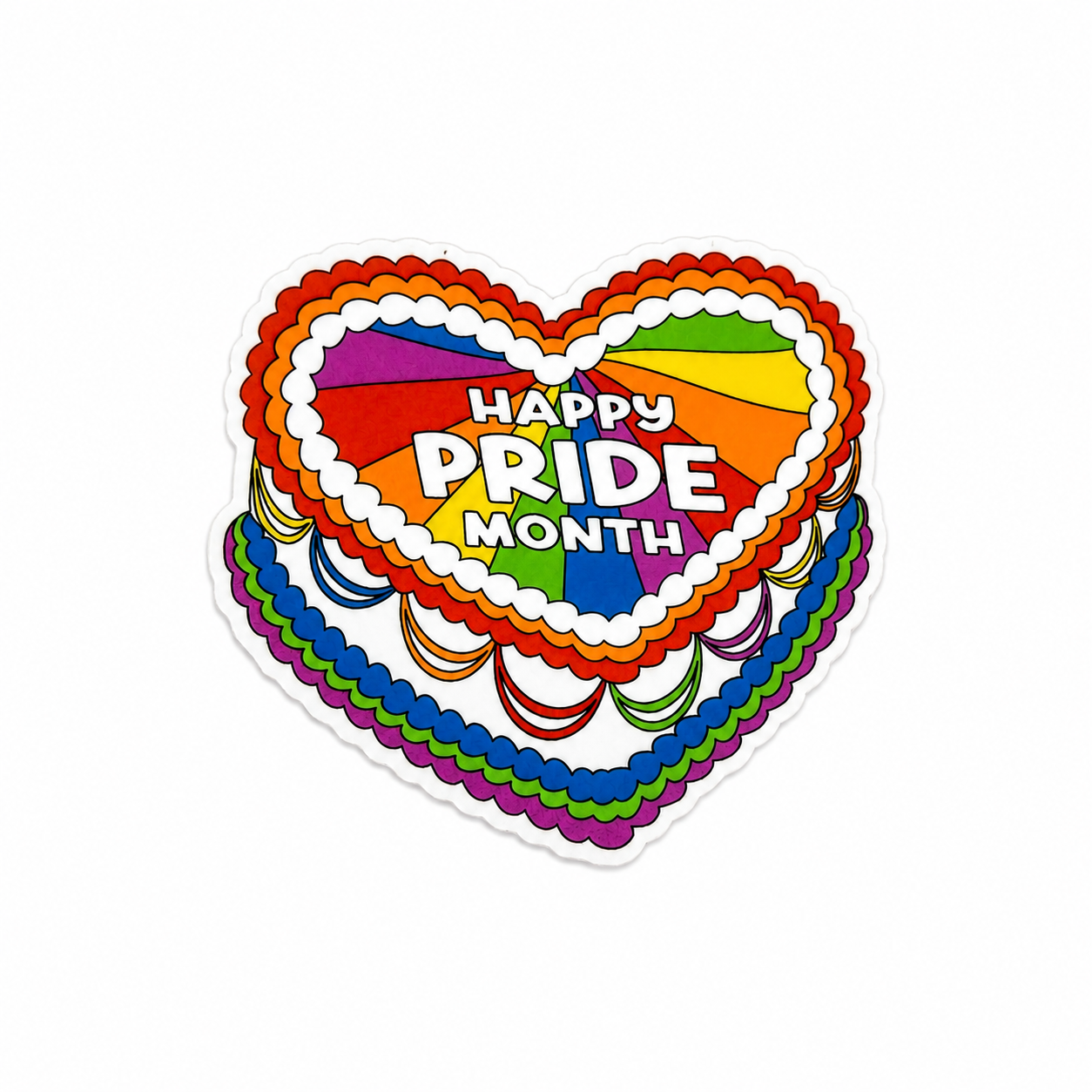 HAPPY PRIDE MONTH plastic add-on featuring a colorful rainbow heart design compatible with interchangeable badge reel bases, Pride celebration accessory
