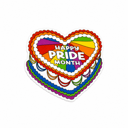 HAPPY PRIDE MONTH plastic add-on featuring a colorful rainbow heart design compatible with interchangeable badge reel bases, Pride celebration accessory