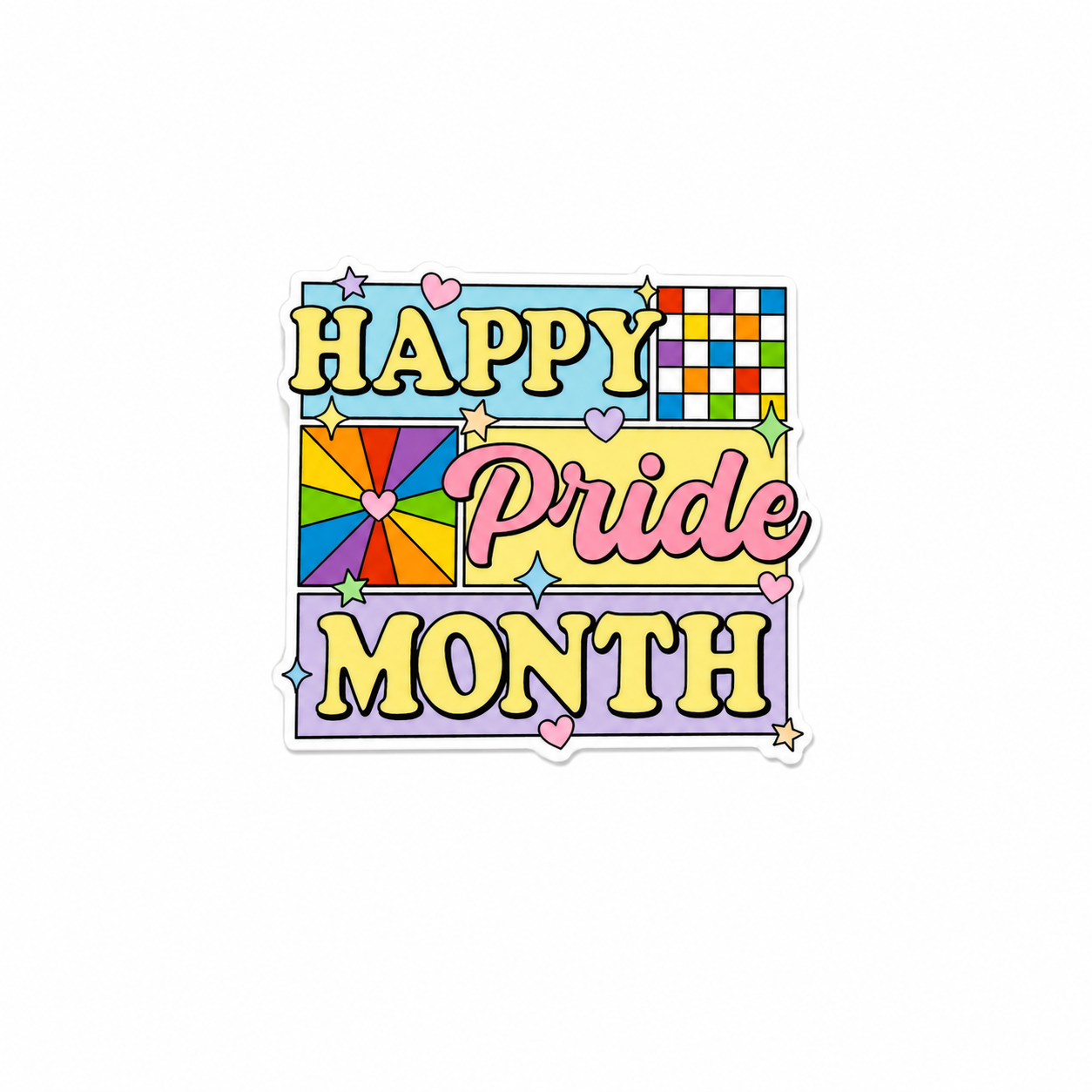 HAPPY Pride MONTH plastic add-on with colorful rainbow-inspired artwork, hearts, and geometric designs, compatible with interchangeable badge reel bases, LGBTQ pride accessory