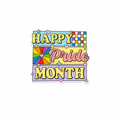 HAPPY Pride MONTH plastic add-on with colorful rainbow-inspired artwork, hearts, and geometric designs, compatible with interchangeable badge reel bases, LGBTQ pride accessory