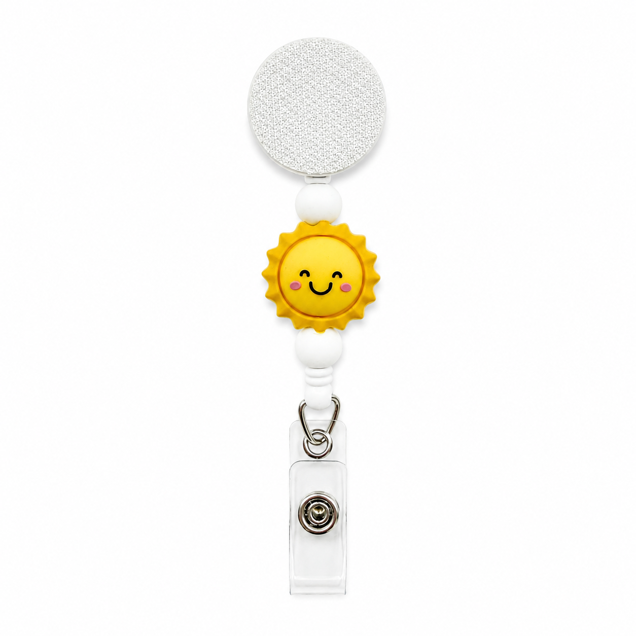 Happy sunshine badge reel featuring a smiling yellow sun topper, white accent beads, and a white retractable badge reel for a cute work badge accessory.