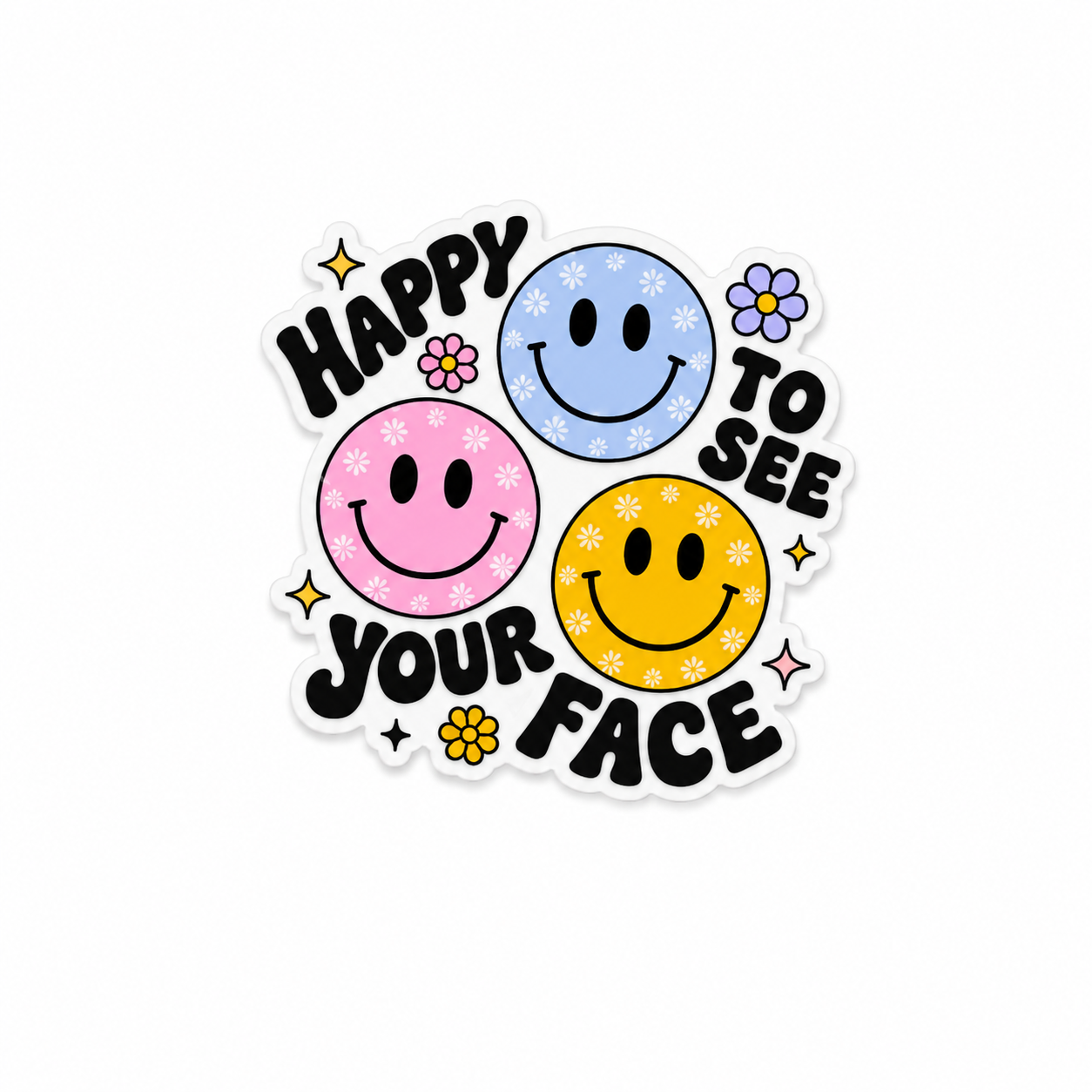 Happy To See Your Face smiley face plastic add-on with colorful retro aesthetic compatible with interchangeable badge reel bases