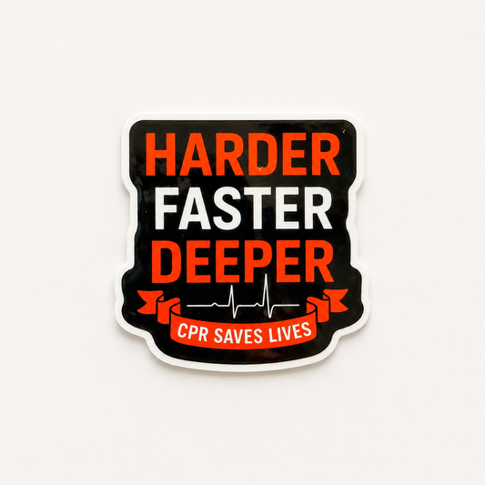 Harder Faster Deeper CPR Saves Lives plastic add-on for badge reels designed for nurses and healthcare workers