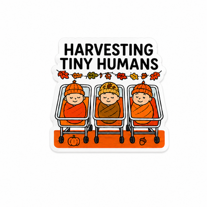 Harvesting Tiny Humans plastic add-on featuring pumpkin babies and fall autumn design for compatible interchangeable badge reel bases