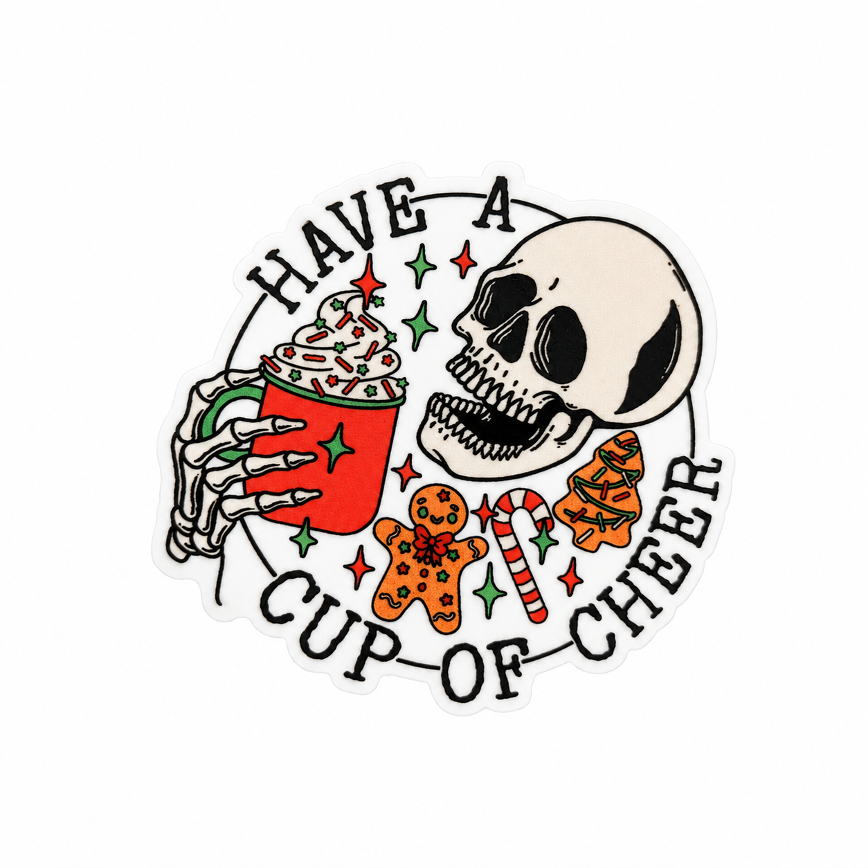 HAVE A CUP OF CHEER plastic add-on with skull, red holiday drink, gingerbread, candy cane, and Christmas details, compatible with interchangeable badge reel bases.