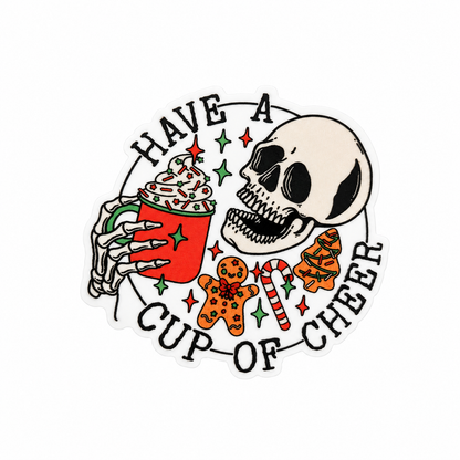 HAVE A CUP OF CHEER plastic add-on with skull, red holiday drink, gingerbread, candy cane, and Christmas details, compatible with interchangeable badge reel bases.