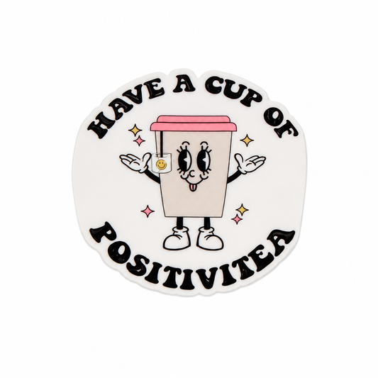 Have a Cup of Positivitea plastic add-on featuring a smiling coffee cup with colorful sparkles, compatible with interchangeable badge reel bases.